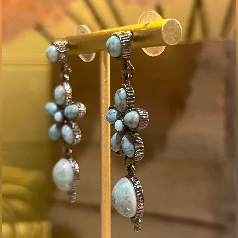 Turquoise flower dangle 3 tier earrings stud backing hangs 2” 0.75” wide jewelry - Picture 3 of 10